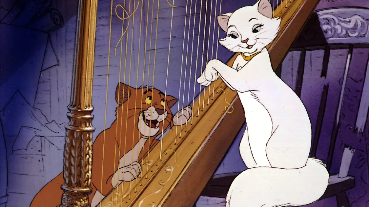 Szene aus dem Walt-Disney-Zeichentrickfilm "The Aristocats" von 1970: Mit verliebten Blick lauscht Straßenkater O'Malley dem Harfenspiel der vornehmen "Duchess". Der Film handelt von den Abenteuern einer Katzenfamilie im Paris der Jahrhundertwende, die durch eine Erbschaft reich geworden ist. Ein habgieriger Diener, der nach dem Ableben der Tiere das Geld erben würde, fädelt eine finstere Intrige ein, die jedoch dank des Eingreifens von weniger "aristokratischen" Straßenkatzen vereitelt wird.
