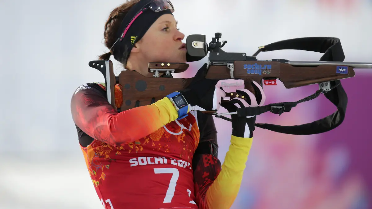 Evi Sachenbacher-Stehle of Germany shoots before the 2x6km Women + 2x7.5 km Men Mixed Relay competition in Laura Cross-country Ski & Biathlon Center at the Sochi 2014 Olympic Games, Krasnaya Polyana, Russia, 19 February 2014. Photo: Kay Nietfeld/dpa +++(c) dpa - Bildfunk+++