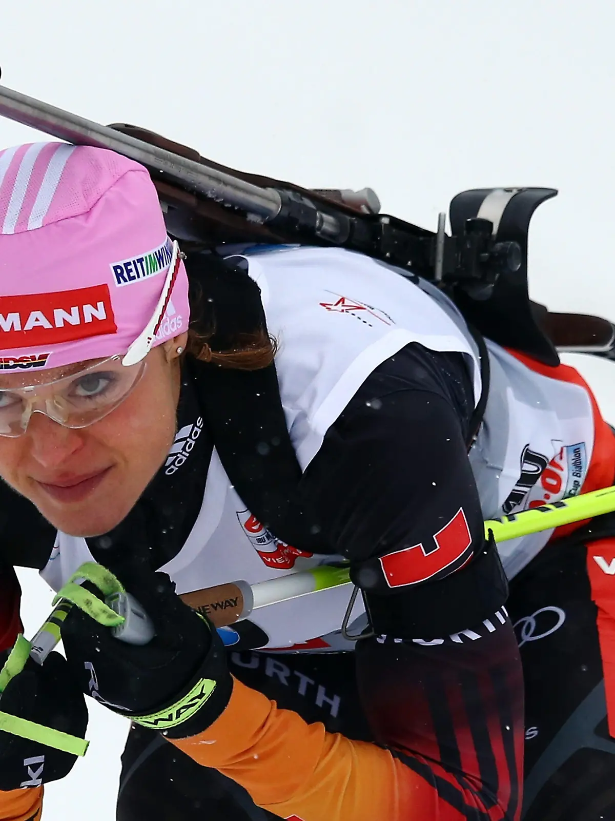 HOCHFILZEN, AUSTRIA - DECEMBER 06:  Evi Sachenbacher Stehle of Germany competes in the women's 7,5km sprint event during the IBU Biathlon World Cup on December 6, 2013 in Hochfilzen, Austria.  (Photo by Martin Rose/Bongarts/Getty Images)