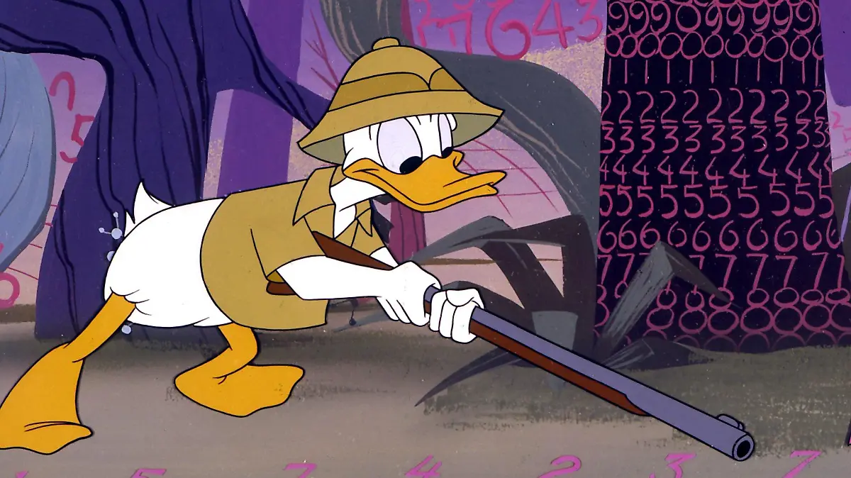 Die berühmteste Ente der Welt, Donald Duck, wird im "Wald der Zahlen" in die Mathematik eingeführt (undatierte Aufnahme). Die Comic-Ente, die am 9. Juni 1999 ihren 65. Geburtstag feiert, wurde 1934 in Walt Disneys Cartoon "The Wise Little Hen" "geboren". Obwohl Donald damals nur einen Tanz aufführen durfte, hinterließ er einen so bleibenden Eindruck, daß er wenig später in den Micky-Maus-Trickfilmen auftauchte. 1937 hatte es der Erpel bereits zu Weltruhm gebracht. Zur Freude seiner vielen Millionen Fans in aller Welt denkt die Comic-Kultfigur auch als Senior nicht an den Ruhestand - Donald bleibt der cholerische, faule Erpel, der sich mit unerschütterlichem Optimismus den Tücken des Alltags stellt.