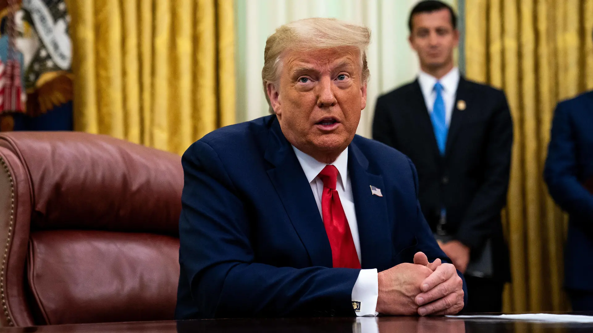 United States President Donald J. Trump addresses reporters in the Oval Office of the White House after receiving a briefing from law enforcement on Keeping American Communities Safe: The Takedown of Key MS-13 Criminal Leaders in Washington DC, on July 15th 2020. PUBLICATIONxNOTxINxUSA Copyright: xAnnaxMoneymakerx/xPoolxviaxCNPx/MediaPunchx