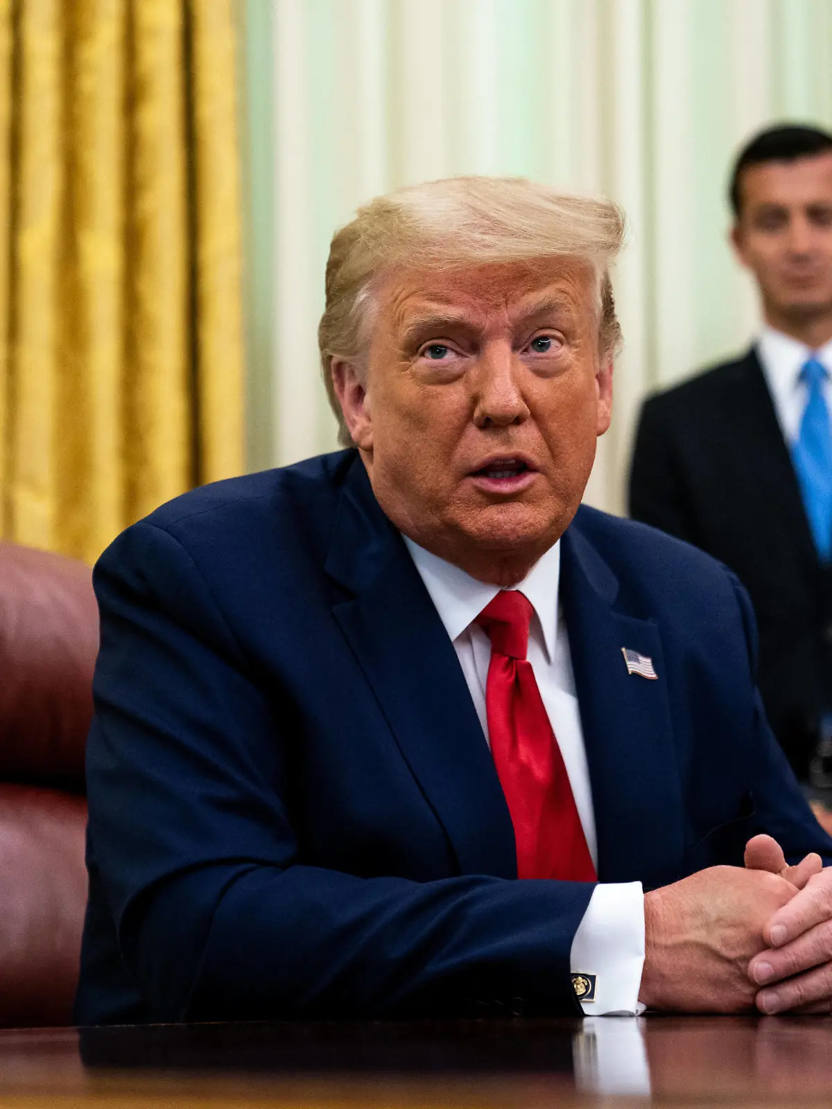 United States President Donald J. Trump addresses reporters in the Oval Office of the White House after receiving a briefing from law enforcement on Keeping American Communities Safe: The Takedown of Key MS-13 Criminal Leaders in Washington DC, on July 15th 2020. PUBLICATIONxNOTxINxUSA Copyright: xAnnaxMoneymakerx/xPoolxviaxCNPx/MediaPunchx 