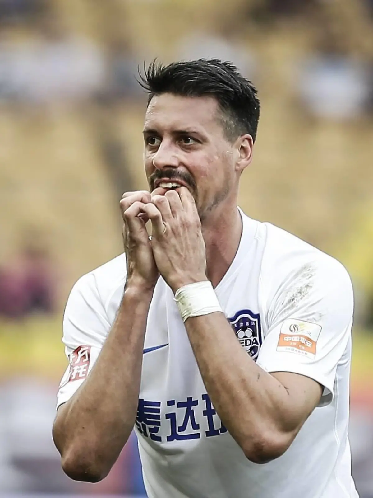  German football player Sandro Wagner of Tianjin TEDA reacts as he competes against Wuhan Zall in their 8th round match during the 2019 Chinese Football Association Super League CSL in Wuhan city, central China s Hubei province, 4 May 2019. Wuhan Zall played draw to Tianjin TEDA 1-1. *** Local Caption *** Wuhan Zall plays draw to Tianjin TEDA during 8th round match of CSL 2019 PUBLICATIONxINxGERxAUTxSUIxONLY bjl9237980
