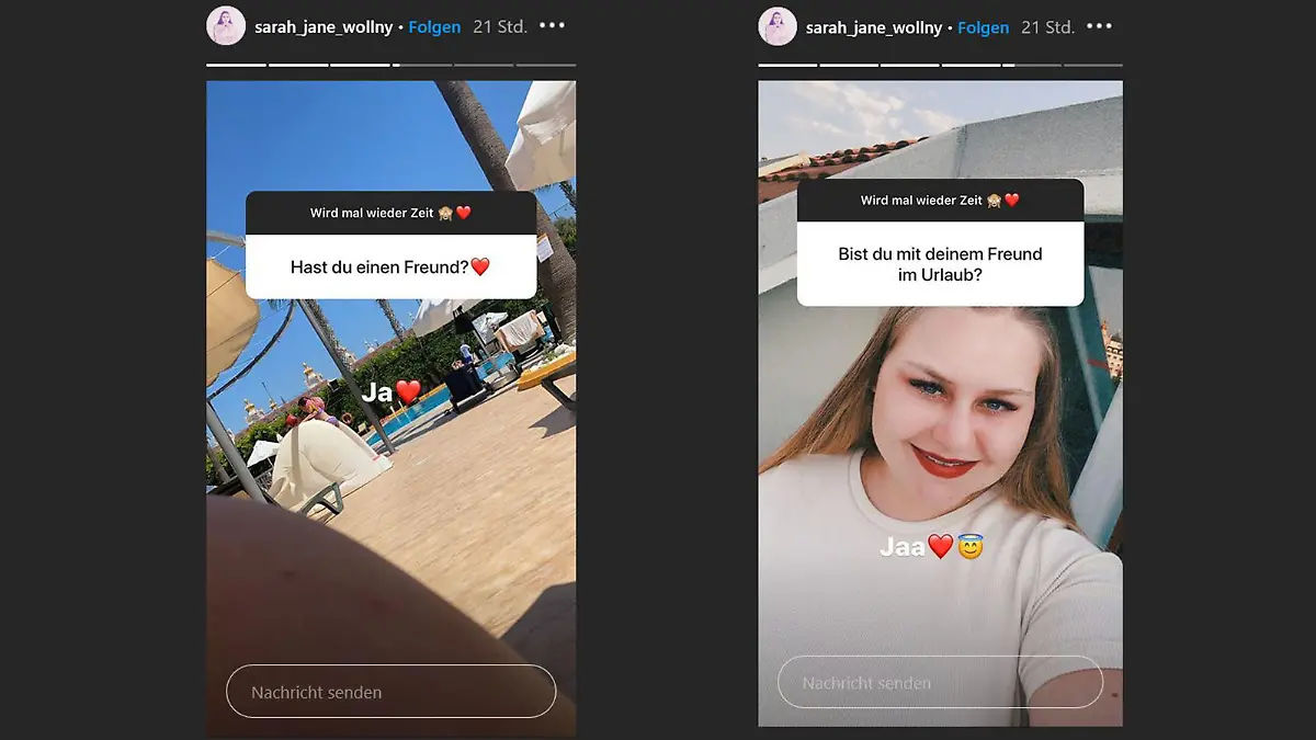 Sarah-Jane Wollny ist verliebt. Das wird lesen wir nicht nur aus ihrem Gesichtsausdruck ab, sondern auch in ihrer Story, wo sie die Beziehung zu einem Mann offiziell bestätigt (Quelle: instagram.com/sarah_jane_wollny).