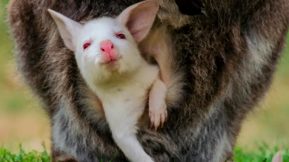 Albino-Känguru-Baby guckt aus dem Beutel seiner Mutter