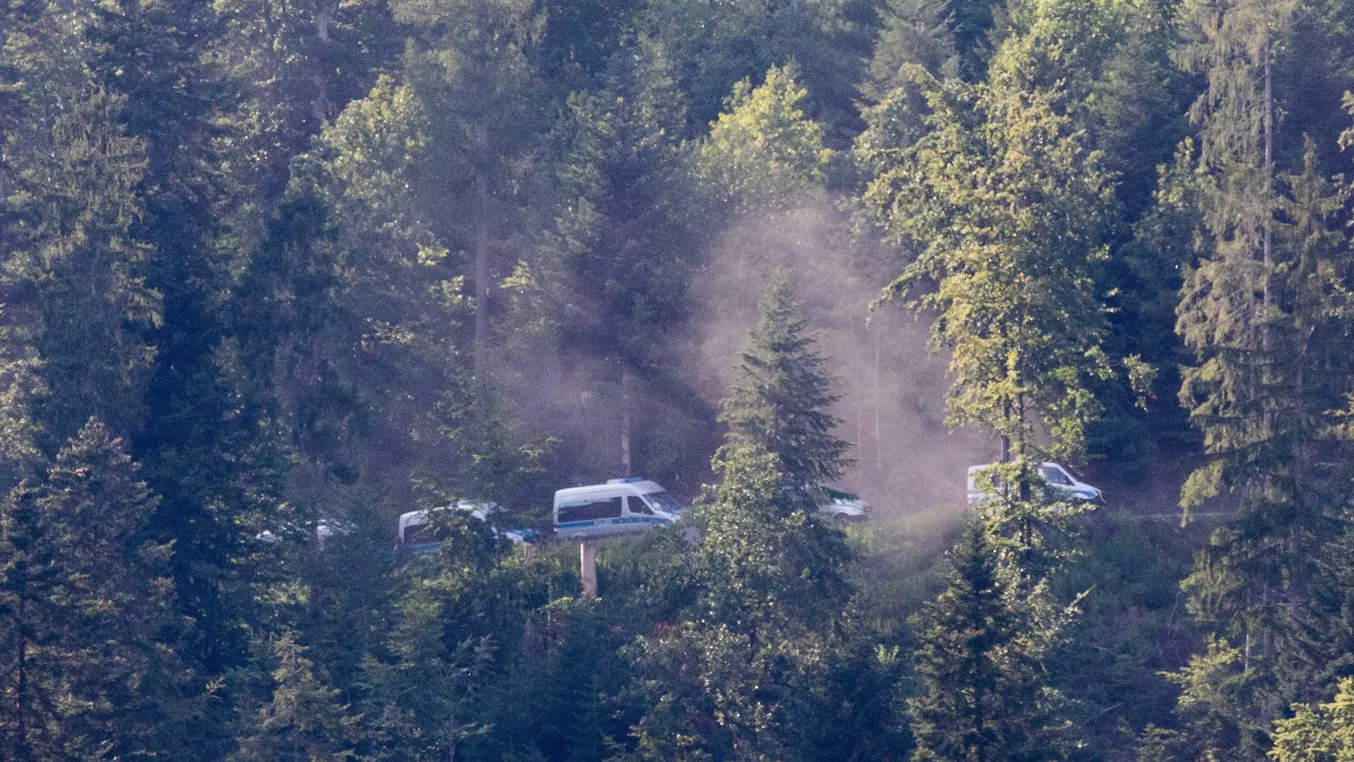 13.07.2020, Baden-Württemberg, Oppenau: RECROP - Fahrzeuge der Polizei fahren durch den Wald in der Nähe von Oppenau. Mit einem Großaufgebot hat die Polizei am Montag die Suche nach einem 31-Jährigen fortgesetzt, der vier Polizisten in Oppenau im Schwarzwald bedroht und ihnen ihre Dienstwaffen abgenommen hatte. Der Mann ohne festen Wohnsitz war nach der Tat am Sonntagmorgen in den Wald geflüchtet. Foto: Philipp von Ditfurth/dpa +++ dpa-Bildfunk +++