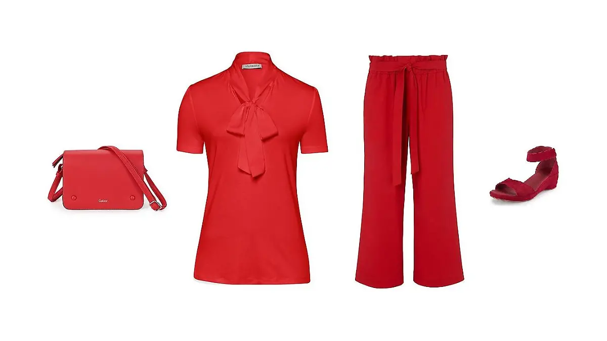 Rote Tasche, Bluse, Hose und Schuhe