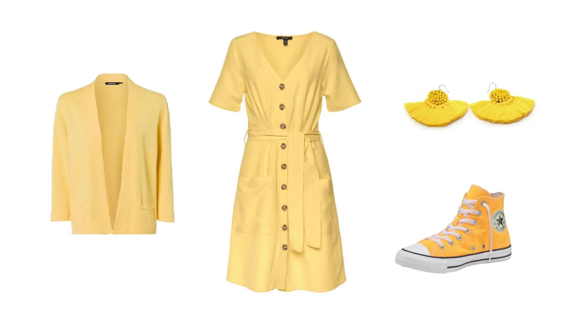 Gelbe Jacke, Sommerkleid, Ohrringe und Sneaker.