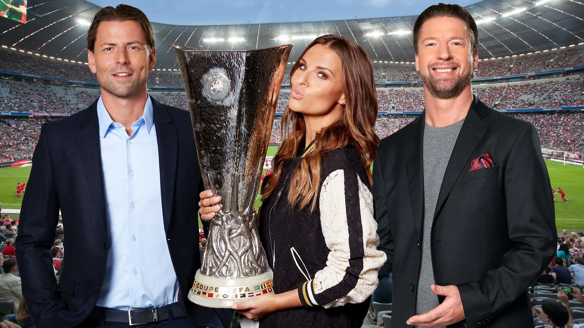 v.l.: Roman Weidenfeller, Laura Wontorra, Steffen Freund