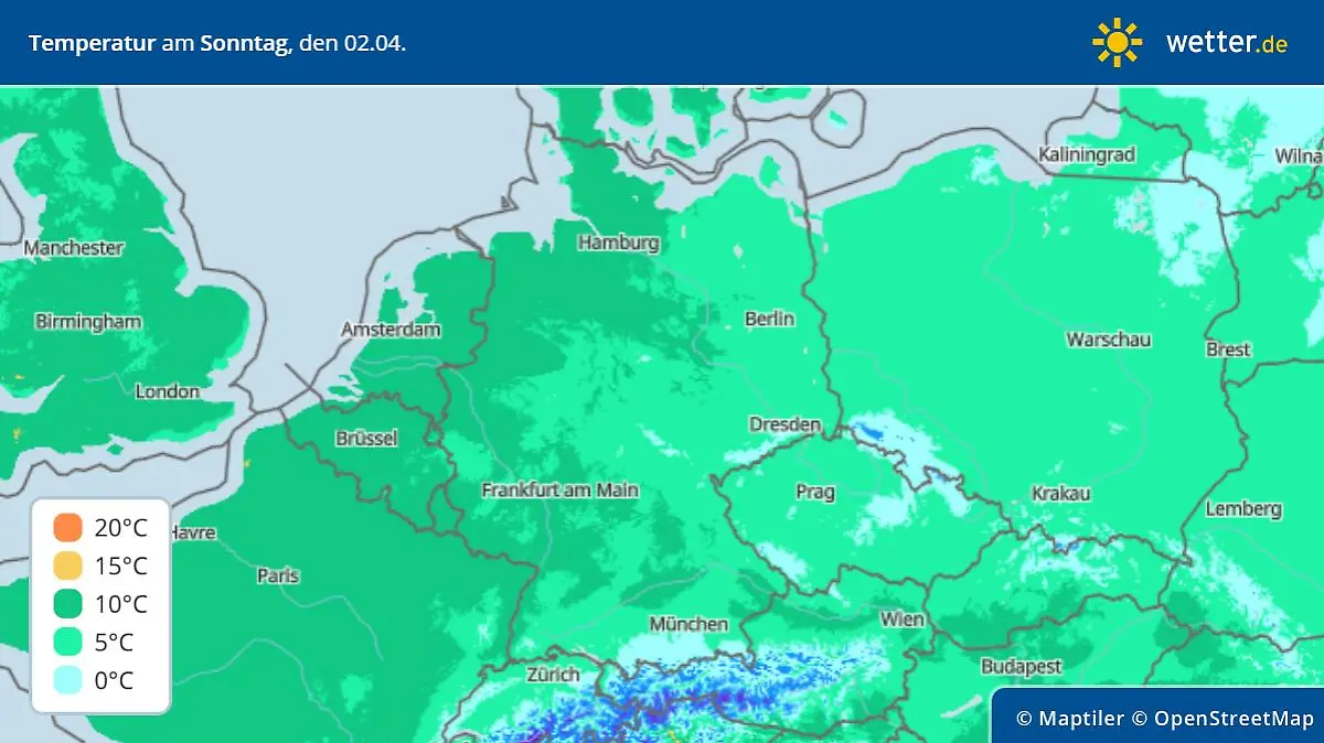 Temperaturhöchstwerte am Sonntag, 2. April, in Deutschland