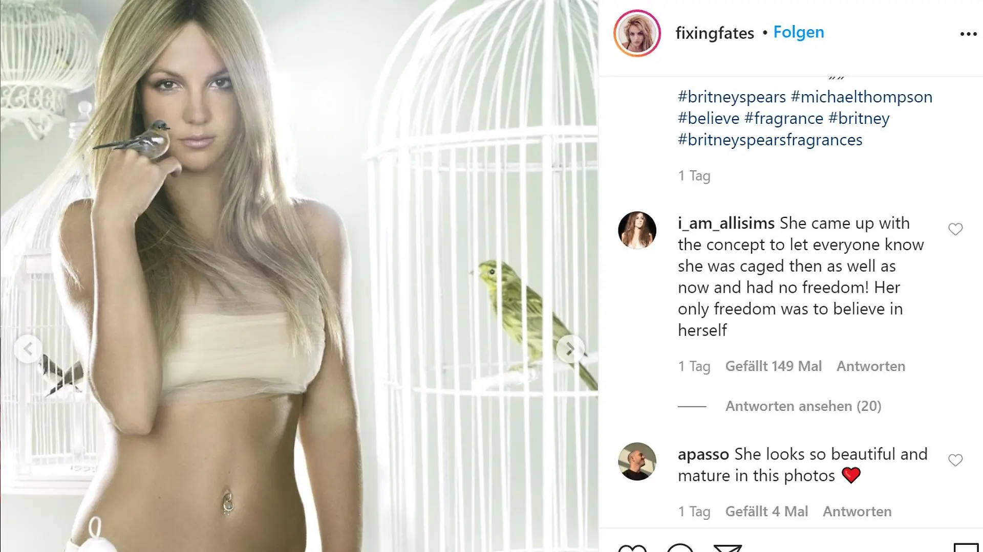 Britneys Cousine Alli Sims äußert sich in der Kommentarfunktion von Instagram mit ihrem Account i_am_allisims zu ihrer Cousine.