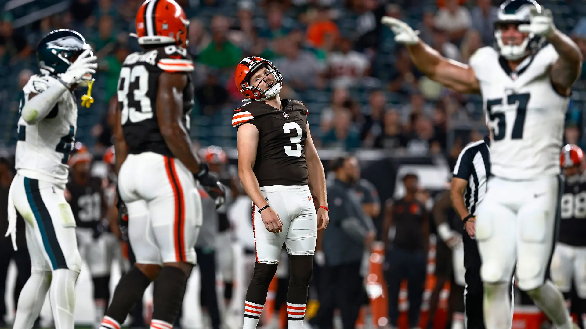 Cleveland Browns place-kicker Cade York (3) reacts after missing a field goal during the fourth quarter of the team's NFL preseason football game against the Philadelphia Eagles, Thursday, Aug. 17, 2023, in Philadelphia. (AP Photo/Rich Schultz)