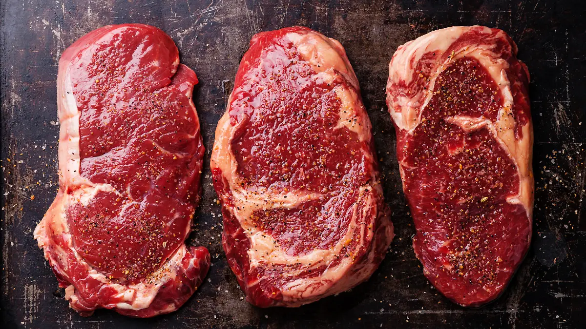 Three cuts of Raw fresh meat Steaks and seasonings on dark background