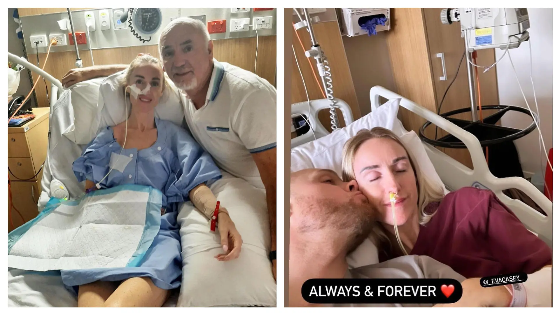Eva mit ihrem Vater (links) und ihrem Verlobten Caillan (rechts) im Krankenhaus.
