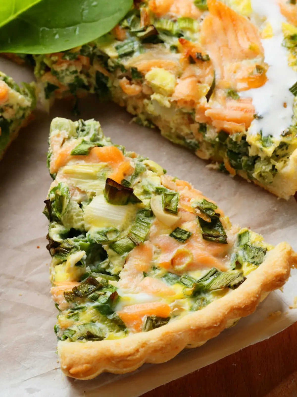 rustic salmon quiche with spinach, food