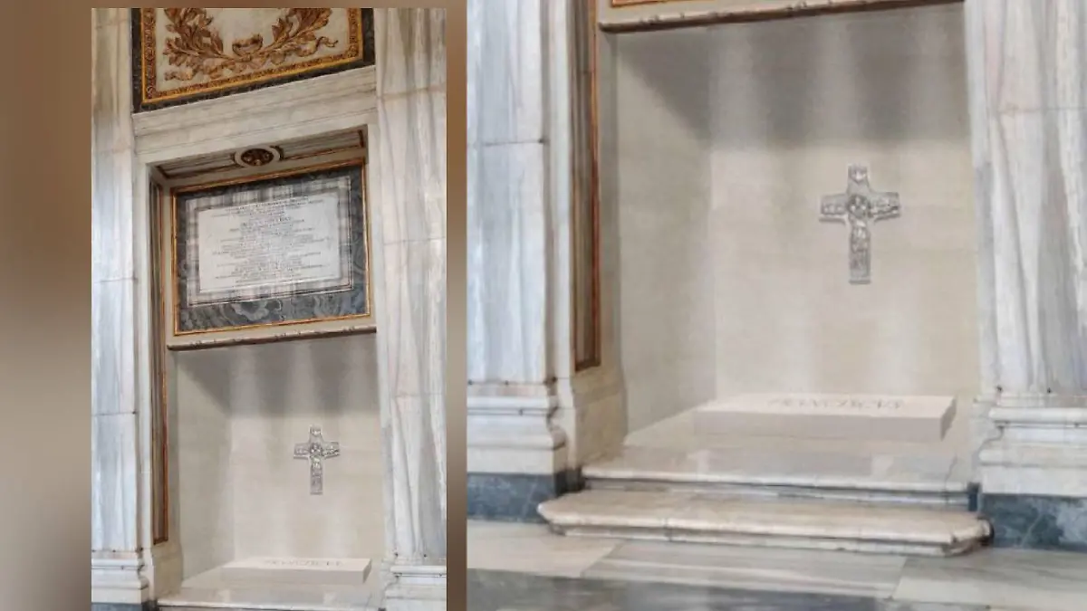 Auf dem Stein steht „Franciscus”, darüber hängt eine Nachbildung des Pektorale 
