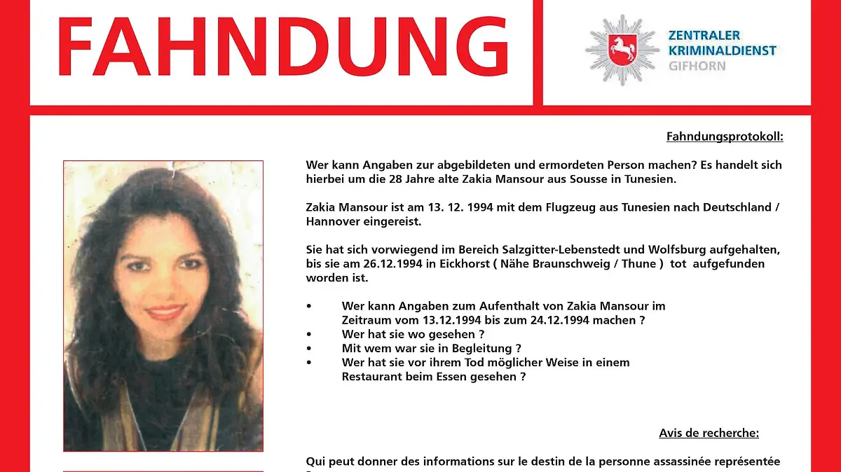 Fahndungsaufruf zu Zakia Mansour