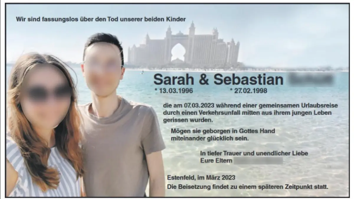 Die Traueranzeige der Eltern für Sebastian und Sarah