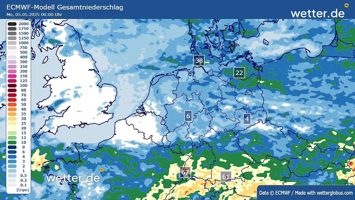 Die Regensummen bis einschließlich Sonntag