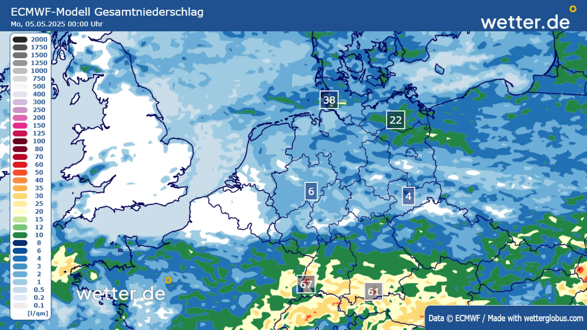 Die Regensummen bis einschließlich Sonntag