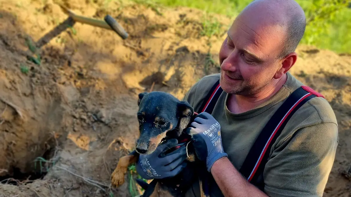 Nach der langen Rettungsmission liegen sich Feuerwehrmann und Hund in den Armen.