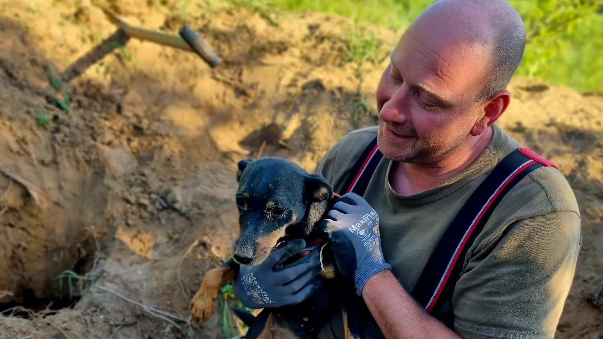 Nach der langen Rettungsmission liegen sich Feuerwehrmann und Hund in den Armen.