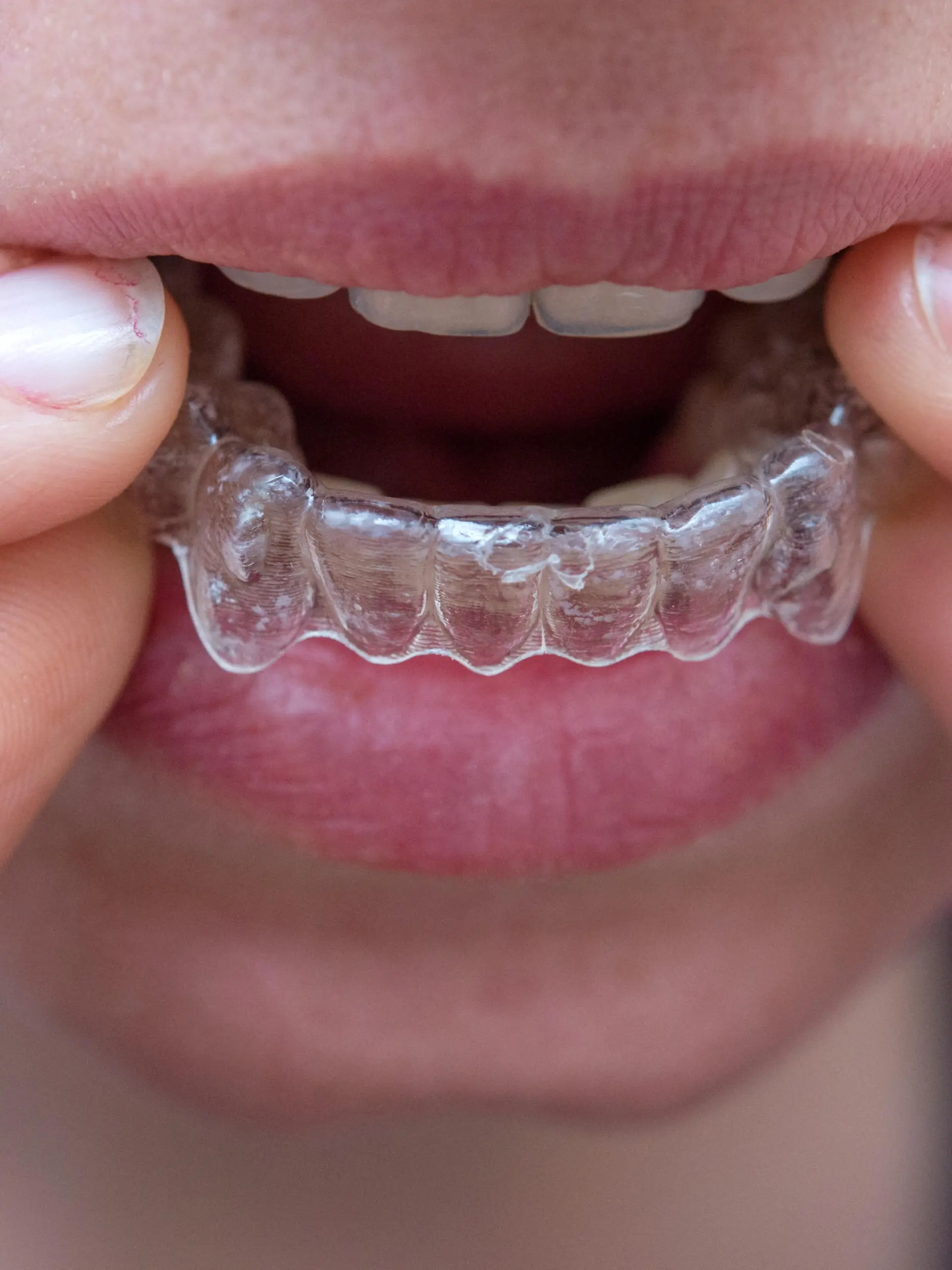 ILLUSTRATION - Eine Frau setzt sich am 02.06.2015 in Berlin eine unsichtbare Zahnspange, eine sogenannte Invisalign-Spange, auf die Zaehne des Unterkiefers. Foto: Andrea Warnecke