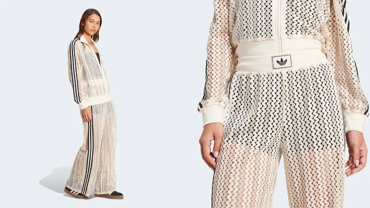 Model trägt eine transparente Hose von Adidas.