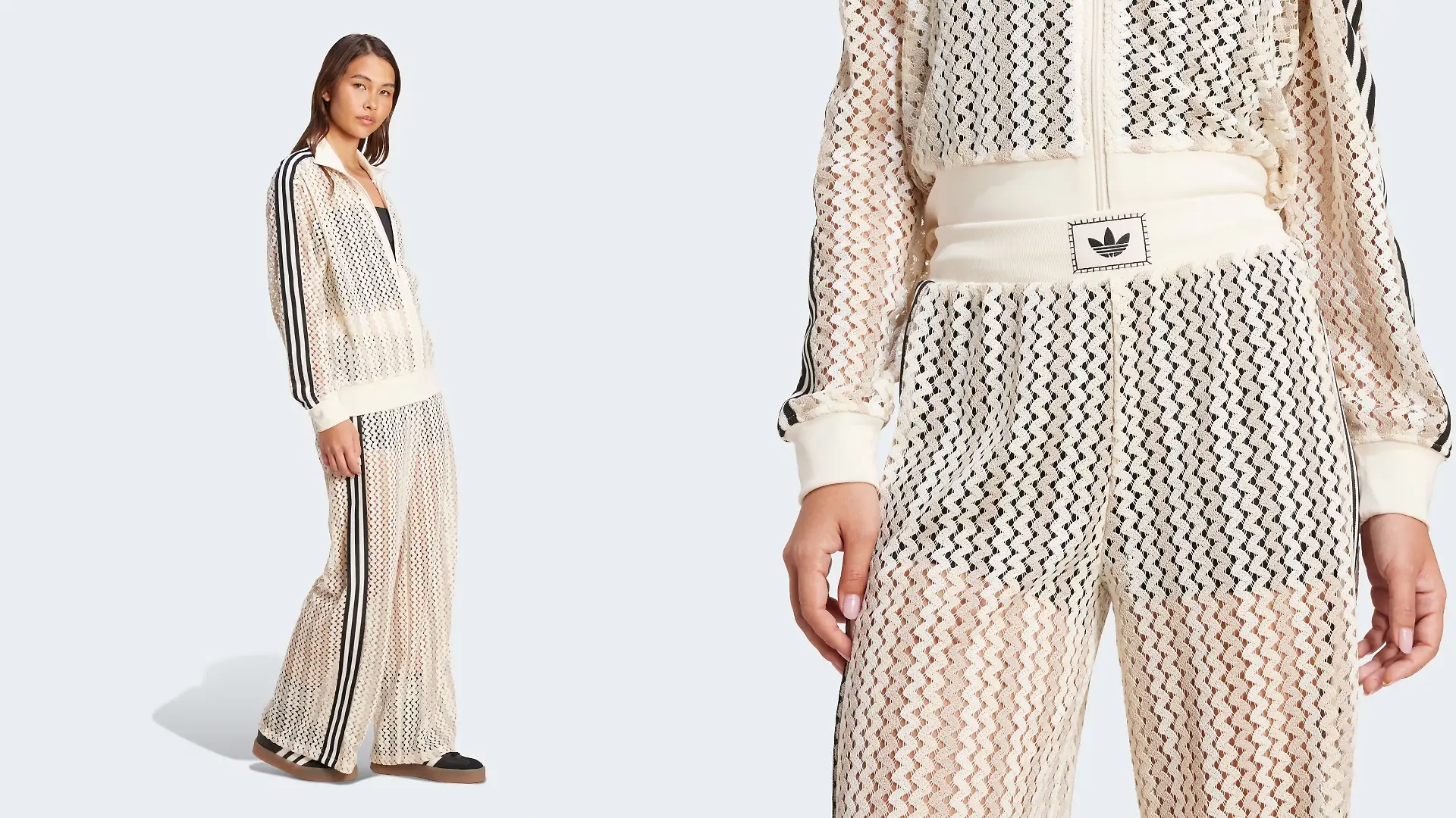 Model trägt eine transparente Hose von Adidas.