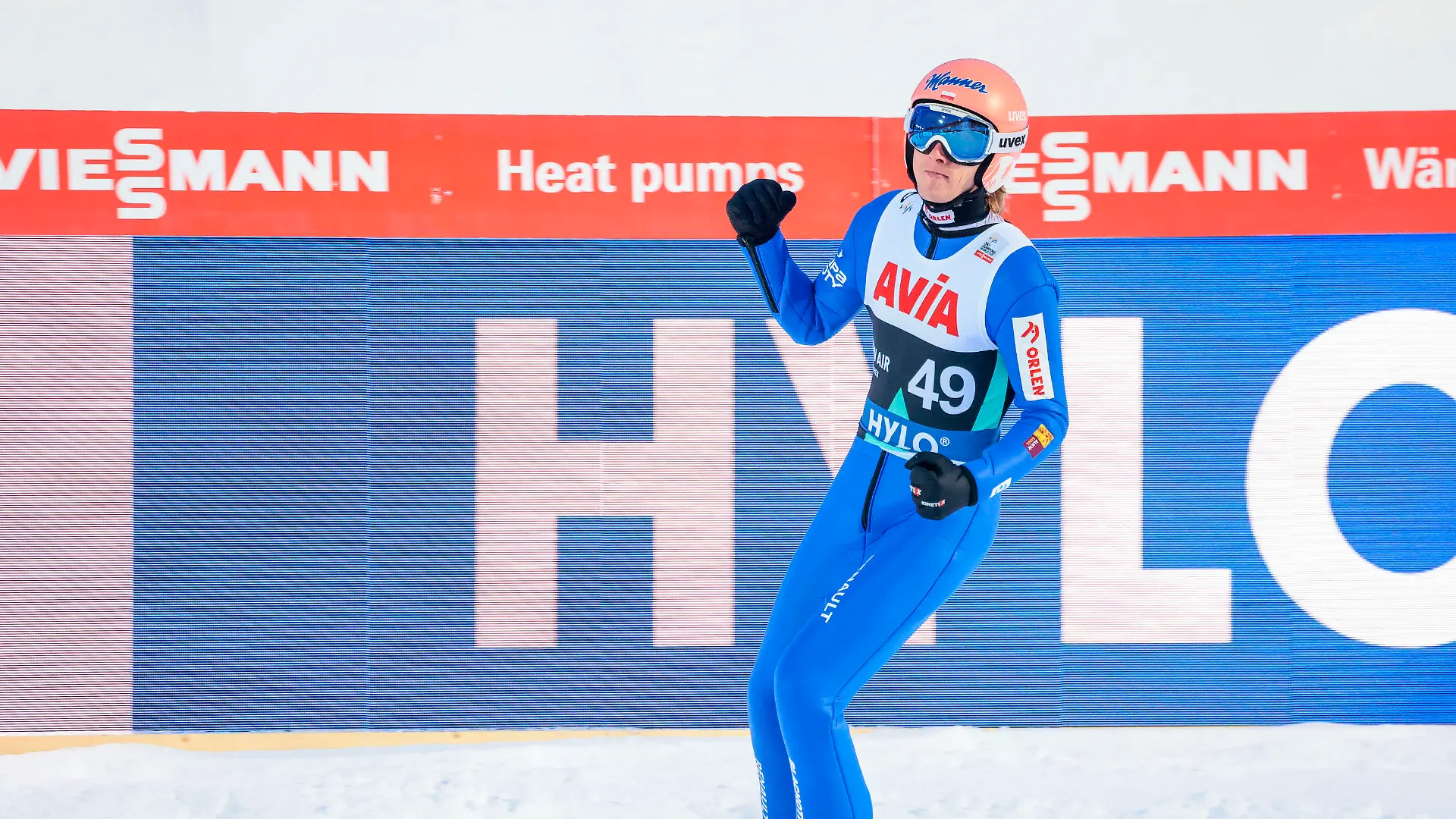 Dawid Kubacki from Poland celebrates after winning the men's skijumping in Lysgardsbakken in Lillehammer, Norway, Thursday March 16, 2023. (Geir Olsen/NTB Scanpix via AP)