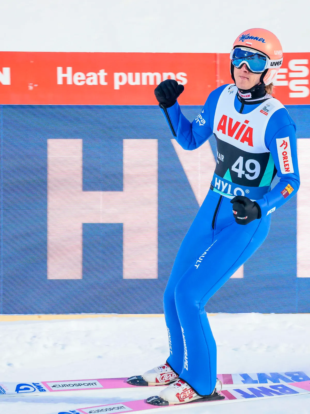 Dawid Kubacki from Poland celebrates after winning the men's skijumping in Lysgardsbakken in Lillehammer, Norway, Thursday March 16, 2023. (Geir Olsen/NTB Scanpix via AP)