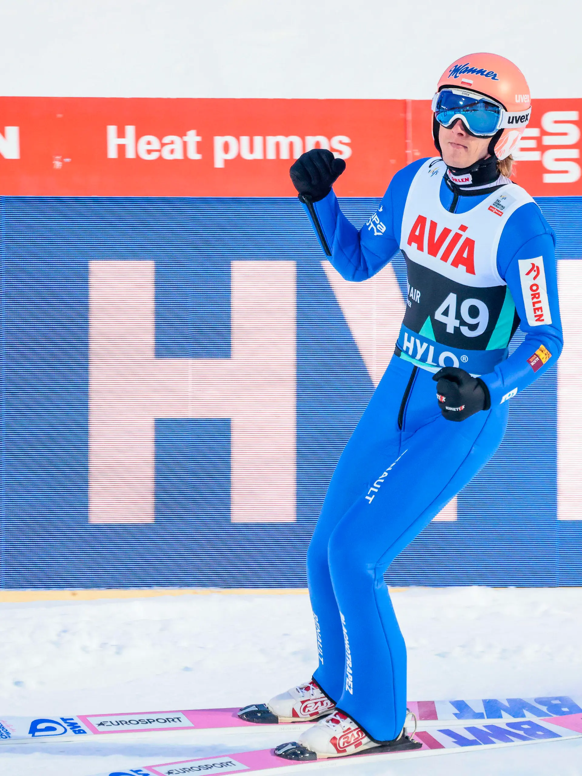 Dawid Kubacki from Poland celebrates after winning the men's skijumping in Lysgardsbakken in Lillehammer, Norway, Thursday March 16, 2023. (Geir Olsen/NTB Scanpix via AP)