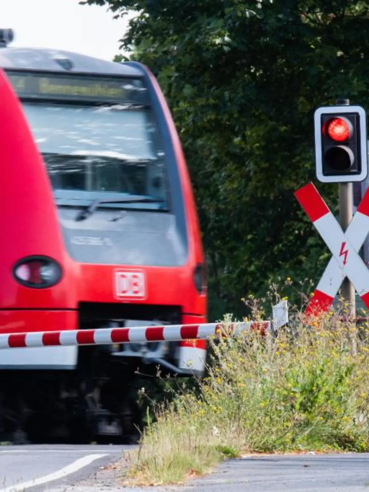S-Bahn der Deutschen Bahn (DB) fährt an einem Bahnübergang mit einer roten Ampel vorbei