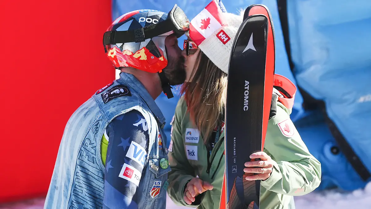 ANDORRA LA VELLA, ANDORRA - MARCH 15: Travis Ganong of the United States celebrates with his partner Marie-Michele Gagnon after competing in the Men's Downhill ahead of his retirement during the Audi FIS Alpine Ski World Cup Finals on March 15, 2023 in Soldeu near Andorra la Vella, Andorra. (Photo by David Ramos/Getty Images)