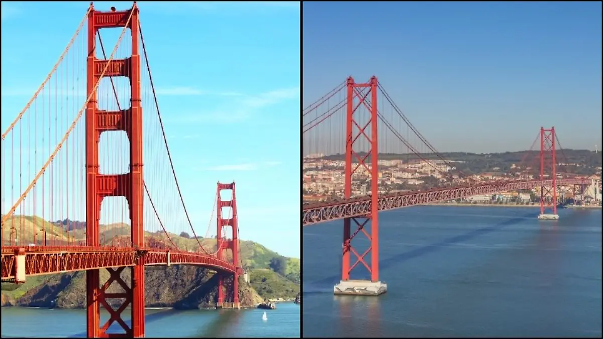 Die Golden Gate Bridge in San Francisco (links) und die Brücke des 25. April in Lissabon (rechts) sehen sich sehr ähnlich. 