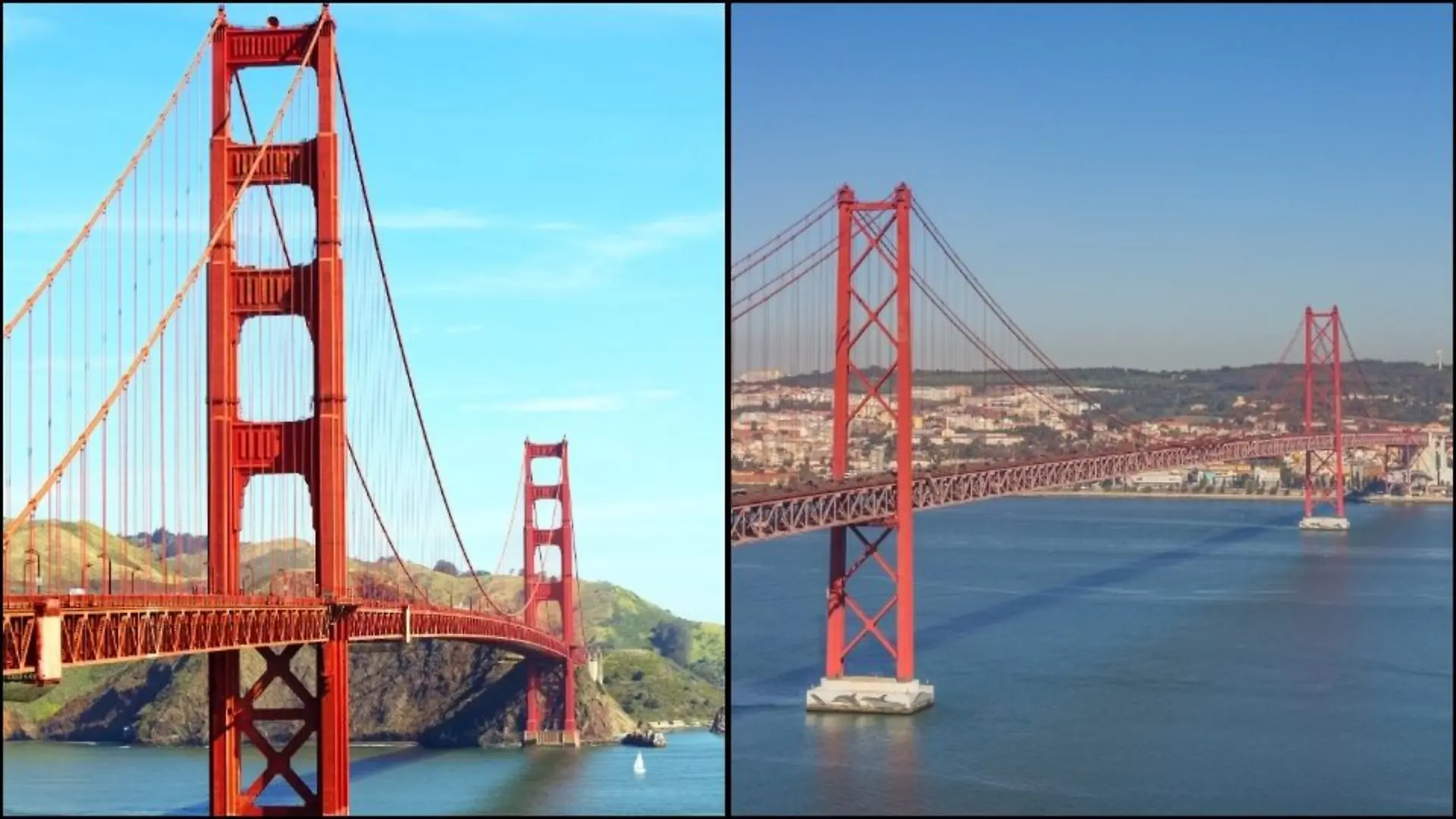Die Golden Gate Bridge in San Francisco (links) und die Brücke des 25. April in Lissabon (rechts) sehen sich sehr ähnlich. 