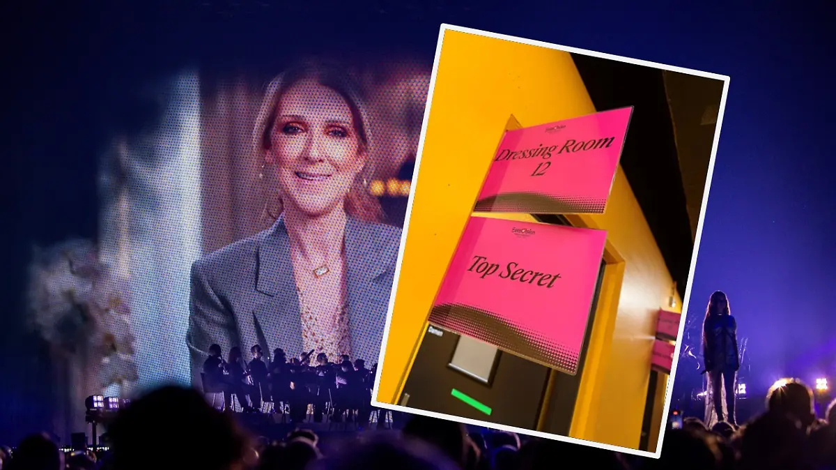 Mit einer Videoeinspielung grüßt Céline Dion die Besucher des ersten Halbfinales des 69. Eurovision Song Contest in der Arena St. Jakobshalle. Rechts in unserer Collage: Die geheimnisvolle Umkleide in der Arena mit einem Schild, auf dem übersetzt „streng geheim” steht.