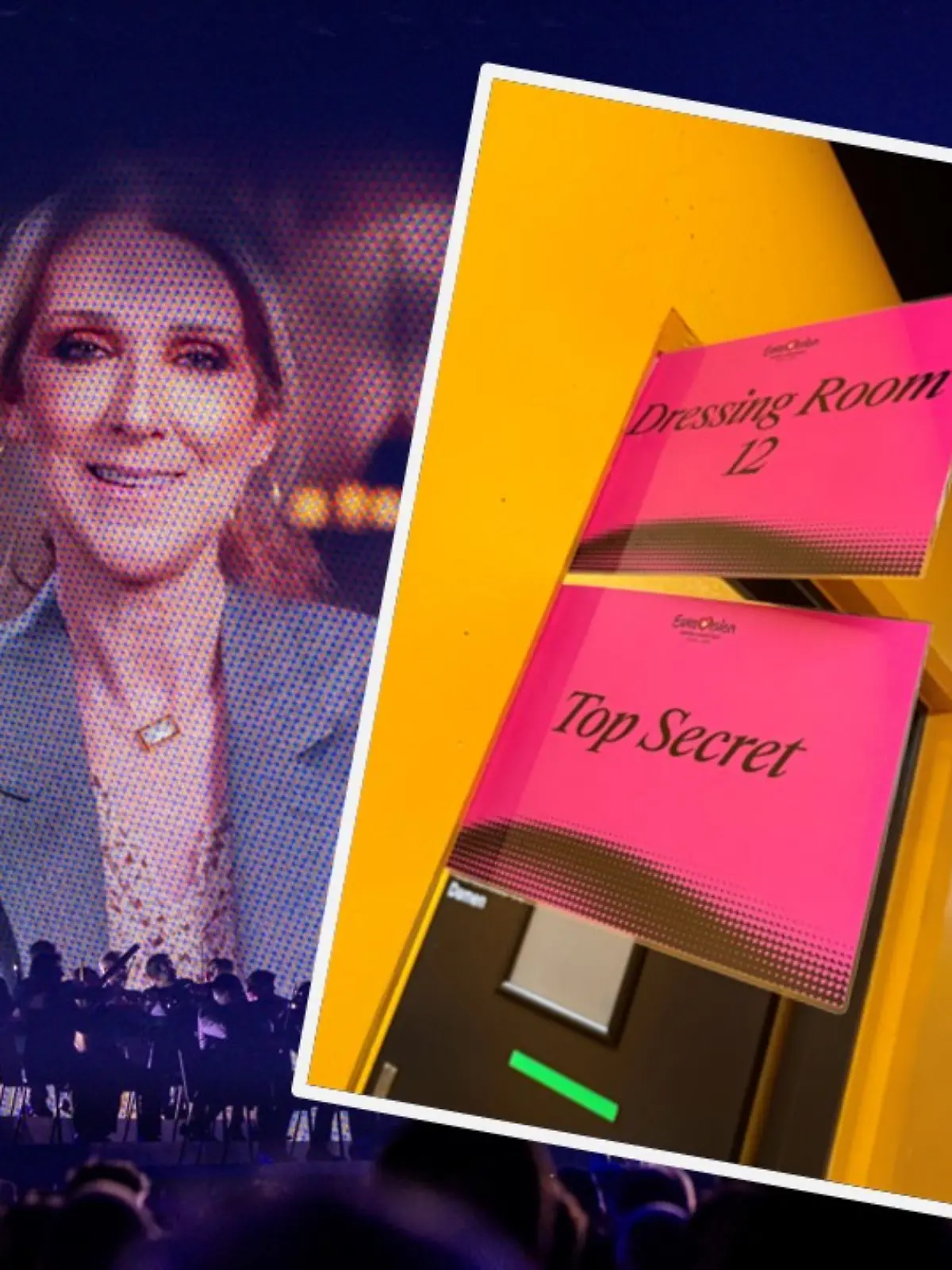 Mit einer Videoeinspielung grüßt Céline Dion die Besucher des ersten Halbfinales des 69. Eurovision Song Contest in der Arena St. Jakobshalle.  Rechts in unserer Collage: Die geheimnisvolle Umkleide in der Arena mit einem Schild, auf dem übersetzt „streng geheim” steht.