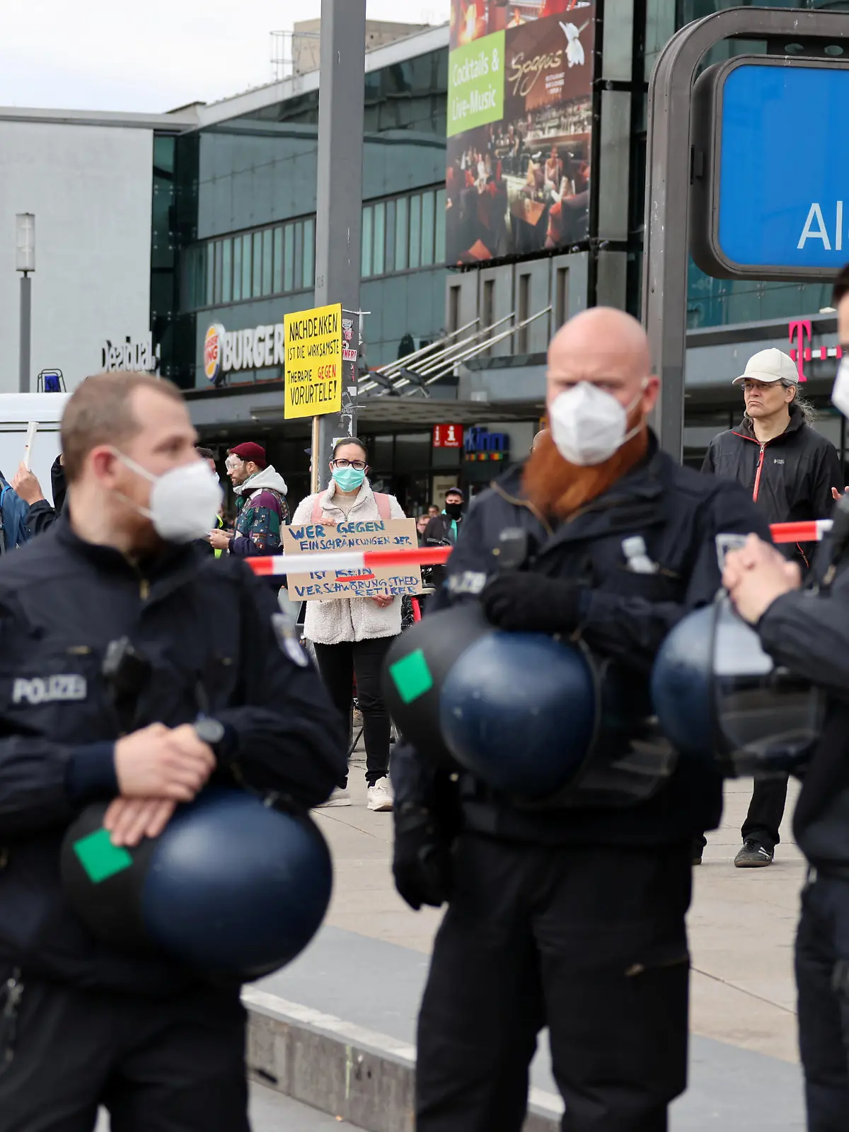 Police officers wearing face masks gather during a protest against the government's restrictions following the coronavirus disease (COVID-19) outbreak, at Alexanderplatz square in Berlin, Germany, May 16, 2020. REUTERS/Fabrizio Bensch