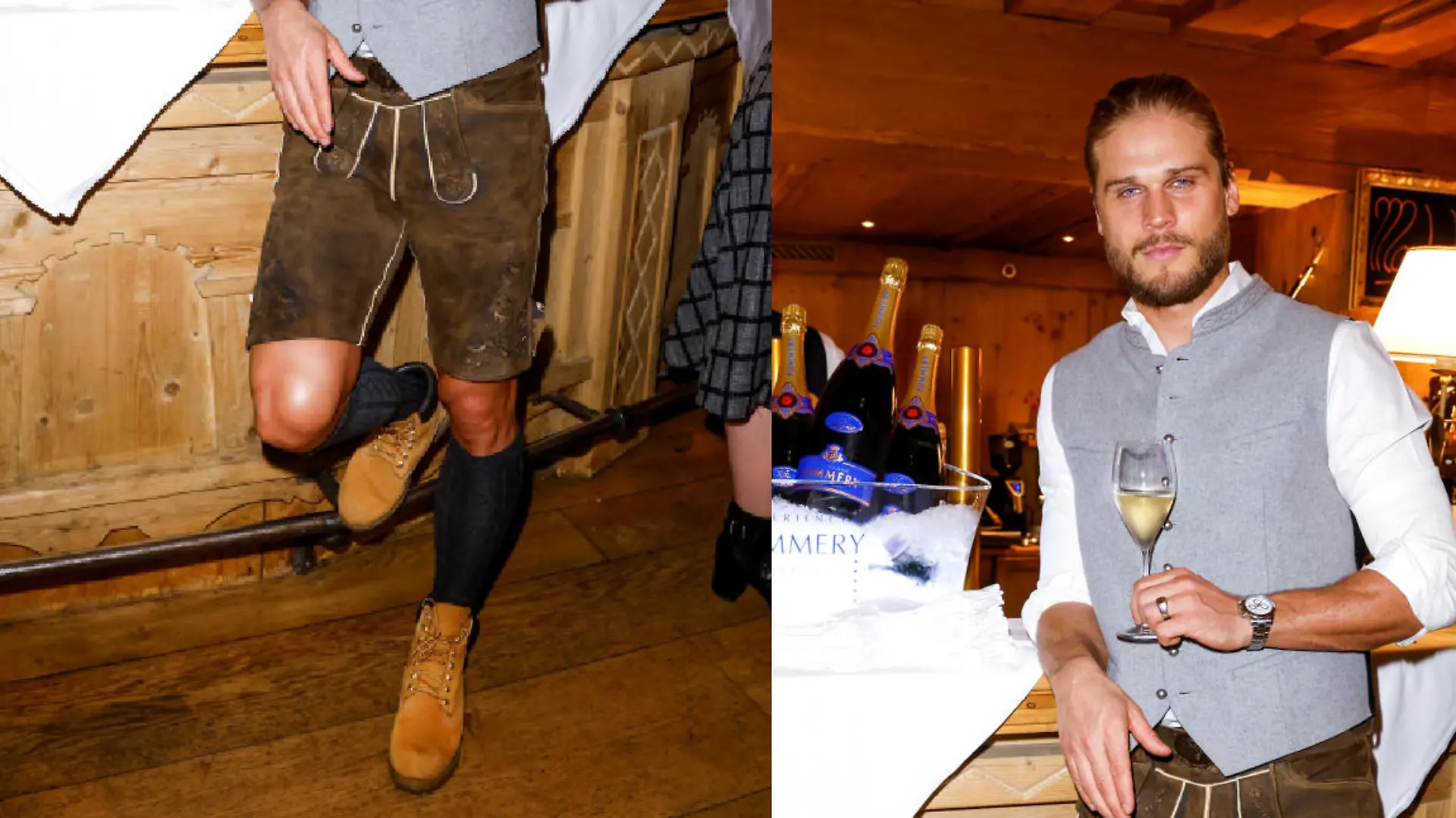 Rúrik Gíslason hält ein Glas Champagner in der Hand. Der ehemalige Fußballer ist Gast bei den Spa Awards 2023 im Hotel Stanglwirt in Kitzbühel und trägt standesgemäß Lederhosen.