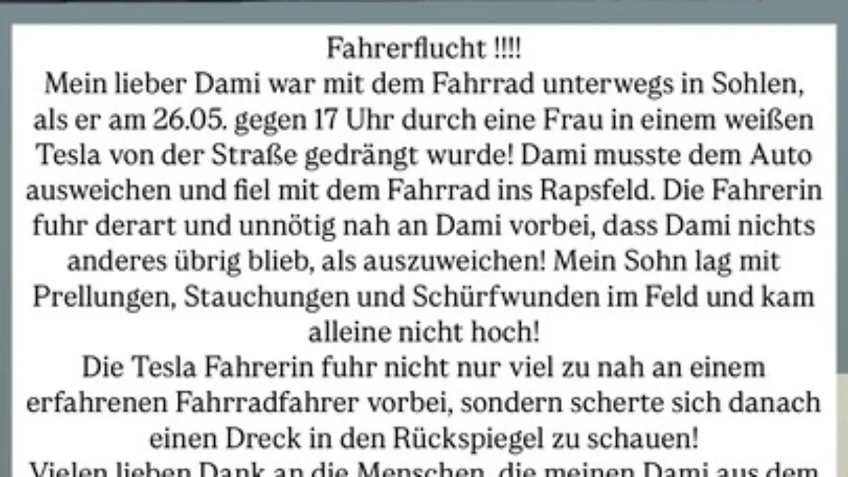 Nico Schwanz sein Sohn wurde Opfer von Fahrerflucht. Eine Tesla-Fahrerin drängte in von der Fahrbahn, während er mit dem Fahrrad unterwegs war.