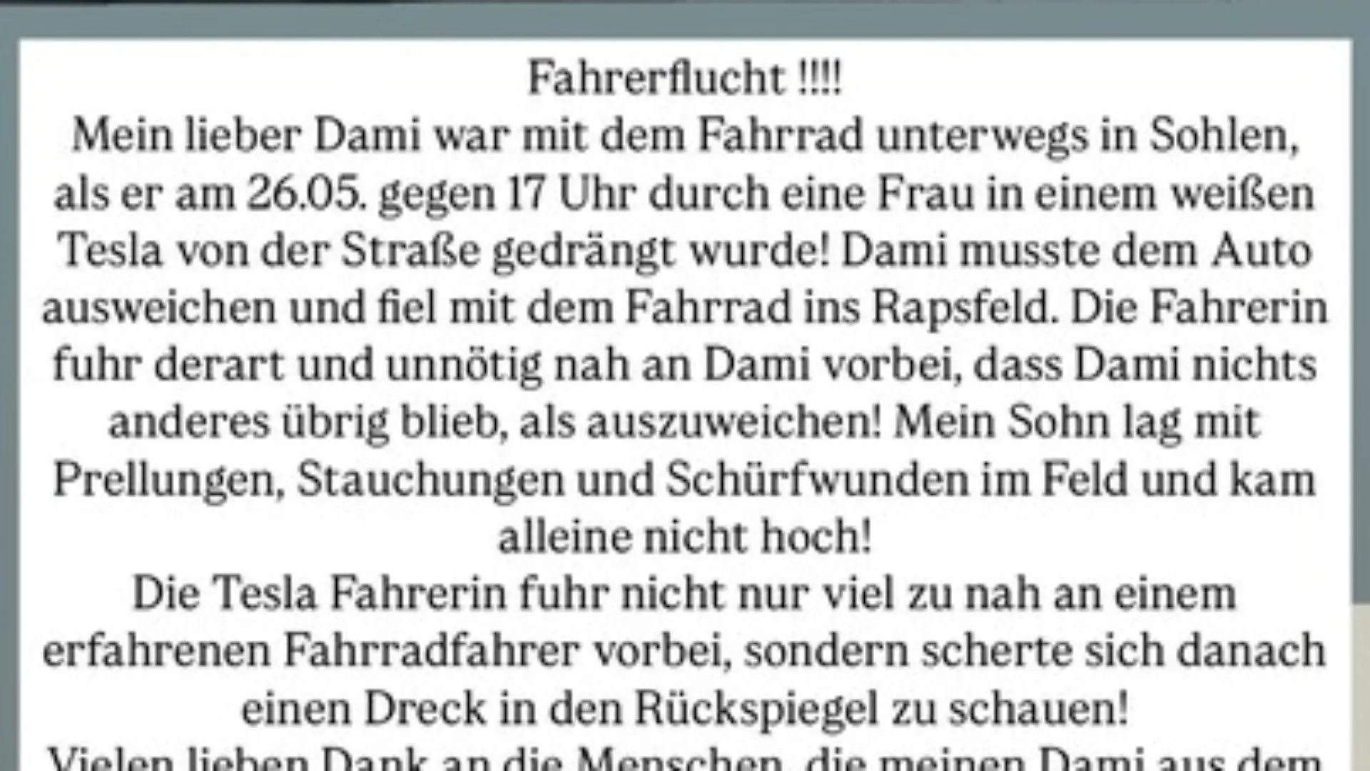 Nico Schwanz sein Sohn wurde Opfer von Fahrerflucht. Eine Tesla-Fahrerin drängte in von der Fahrbahn, während er mit dem Fahrrad unterwegs war.