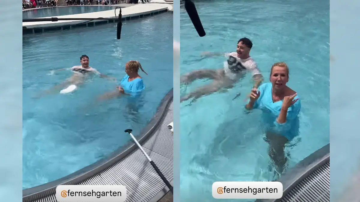 Andrea Kiewel landete im ZDF-Fernsehgarten im Pool.