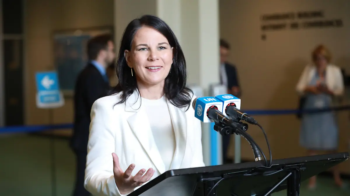 Annalena Baerbock speaks to the press after being elected president of the upcoming 80th session of the UN General Assembly at the UN headquarters in New York, on June 2, 2025.