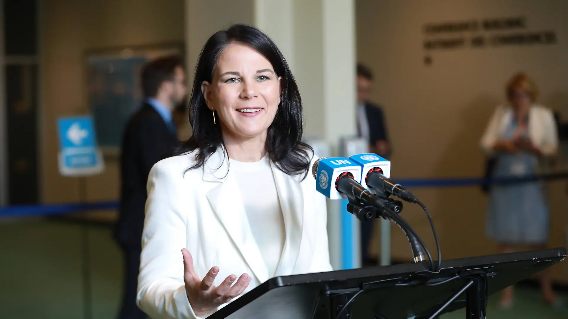 Annalena Baerbock speaks to the press after being elected president of the upcoming 80th session of the UN General Assembly at the UN headquarters in New York, on June 2, 2025. 