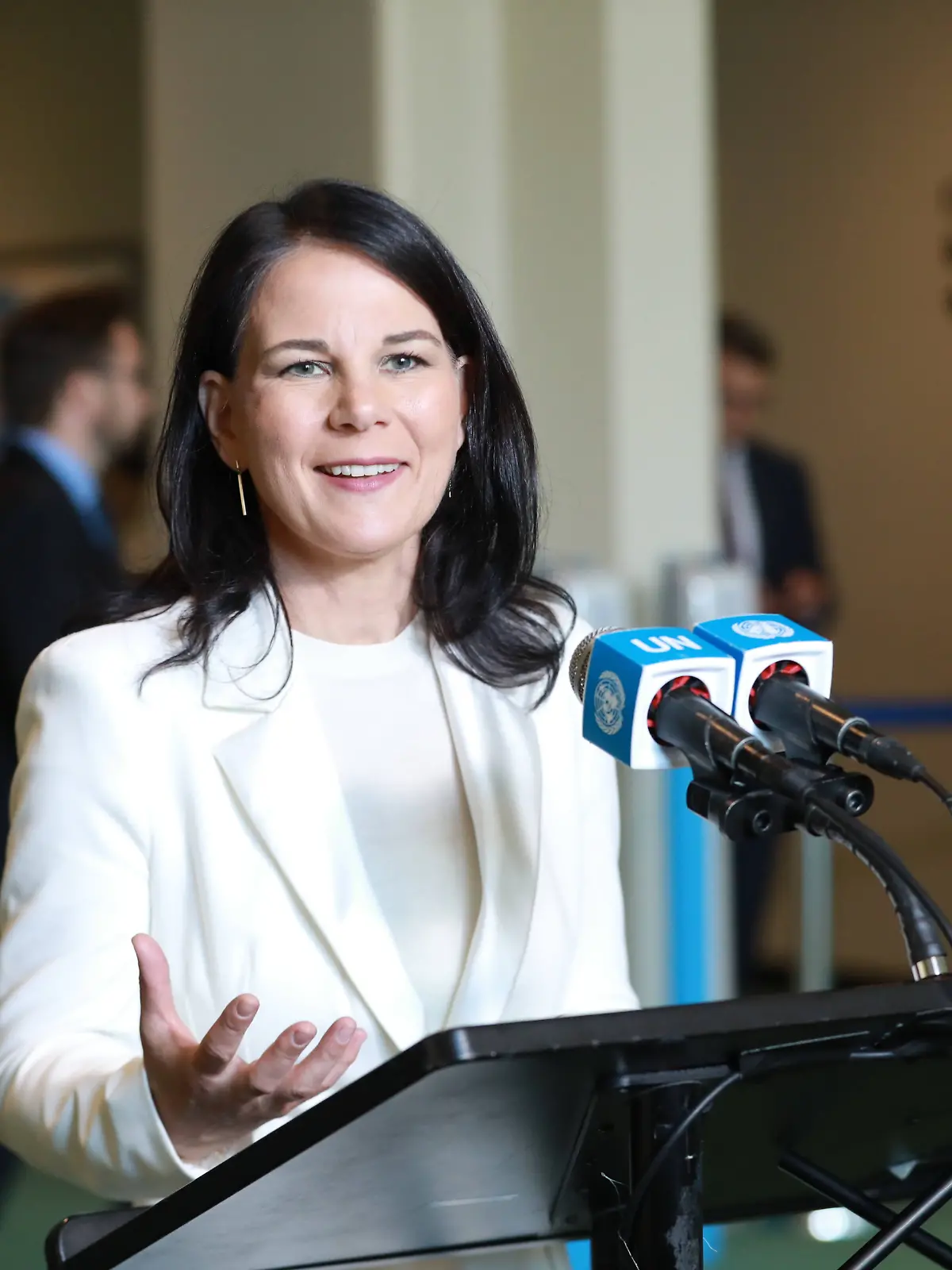 Annalena Baerbock speaks to the press after being elected president of the upcoming 80th session of the UN General Assembly at the UN headquarters in New York, on June 2, 2025. 