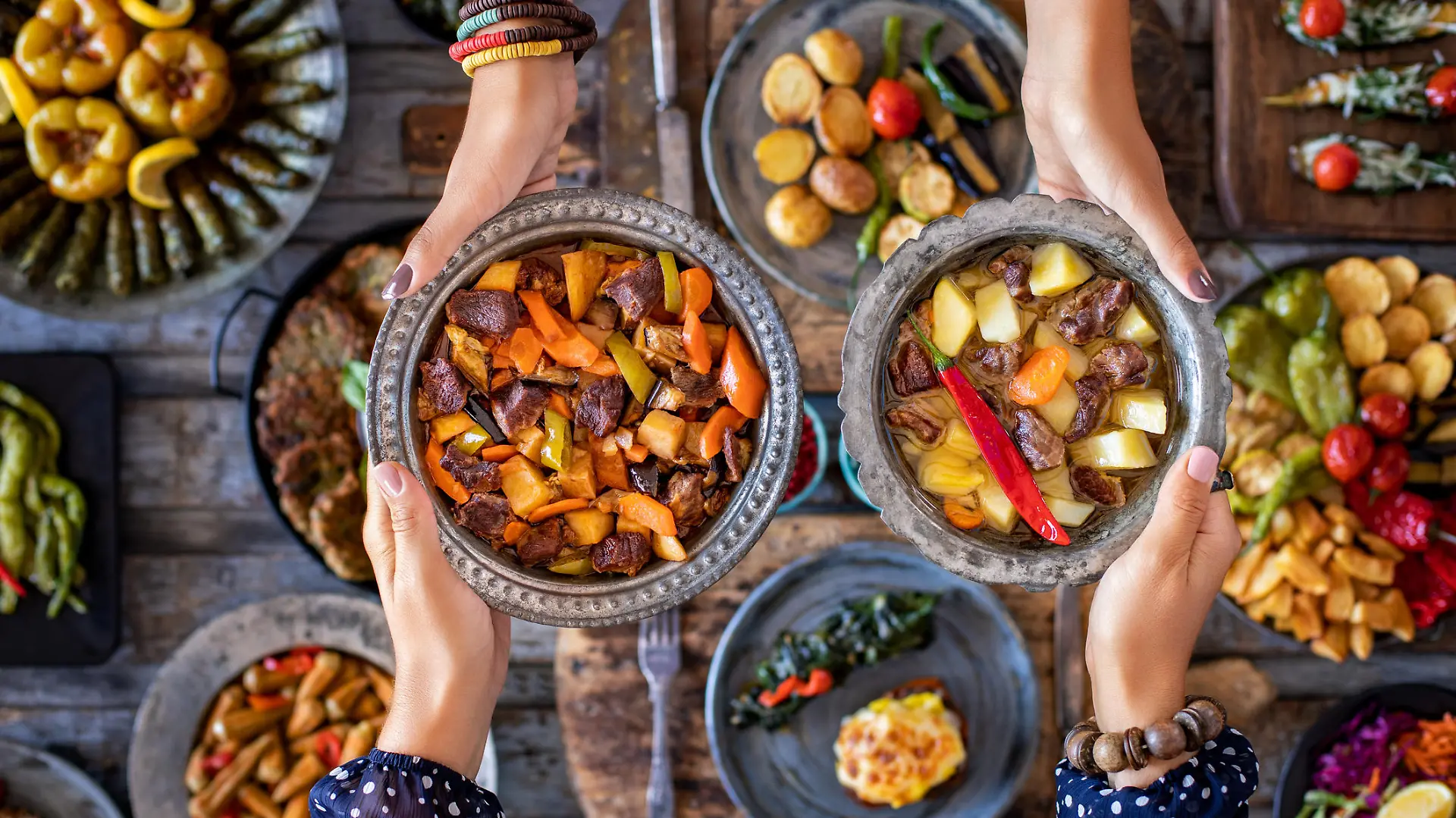 Cooked foods in the copper plate or pot.
