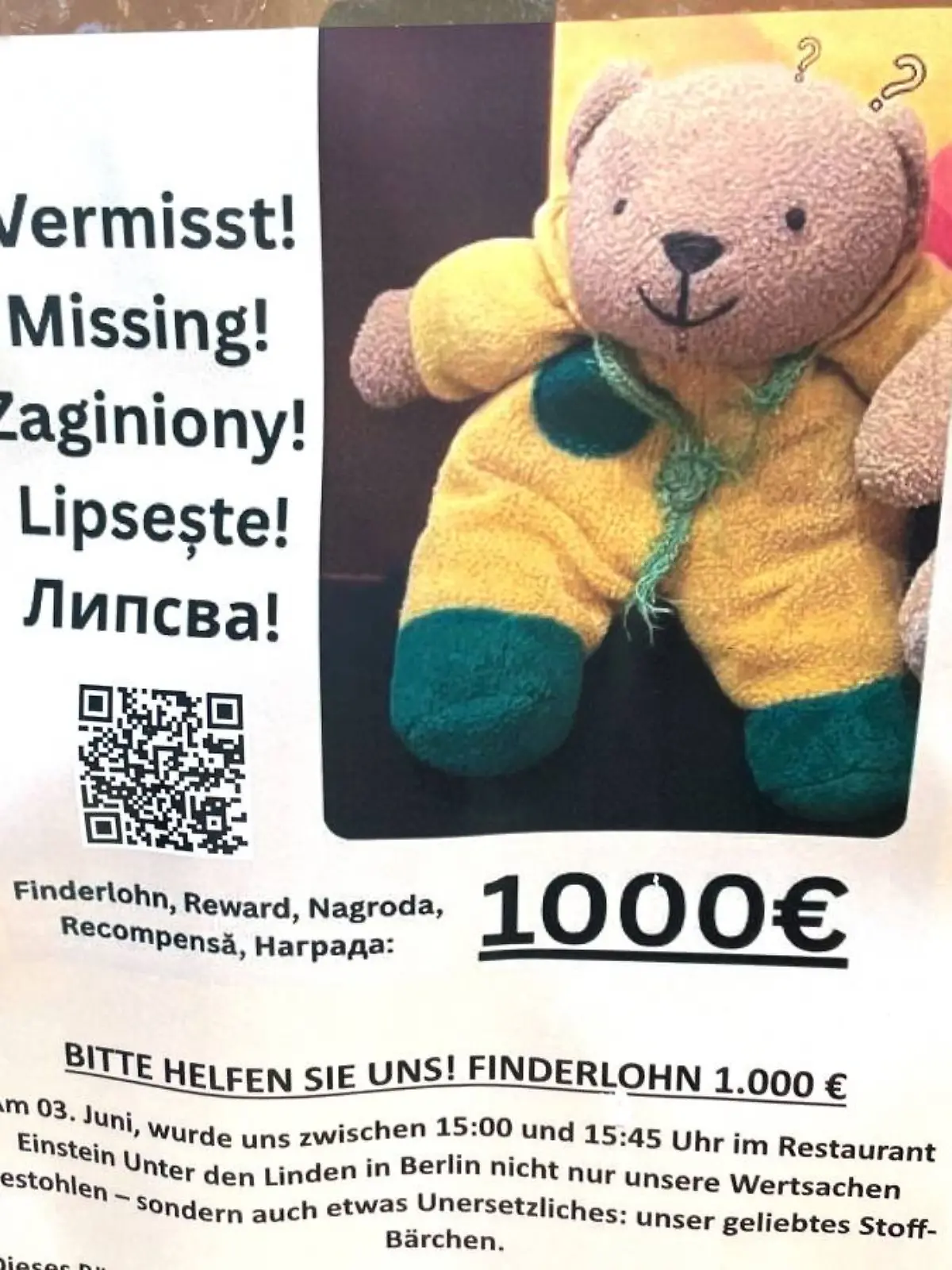 Bild zu: "1.000 Euro Finderlohn für Teddybärchen „Mini” "