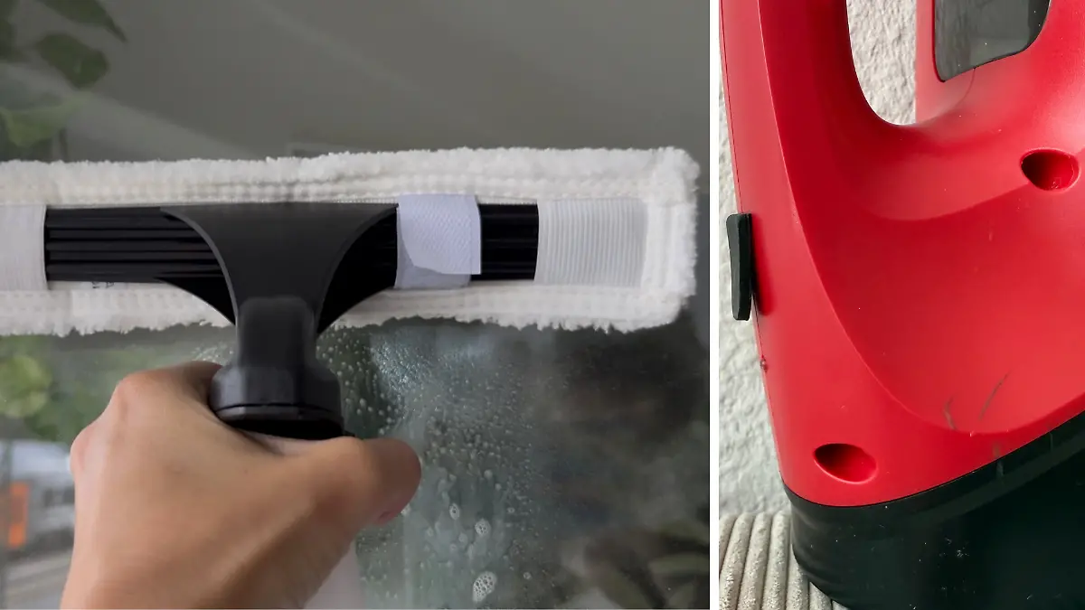 Links: Den Mikrofaser-Lappen muss ich hier aufspannen. Rechts: Schon nach kurzer Zeit habe ich Kratzer auf dem Gerät.