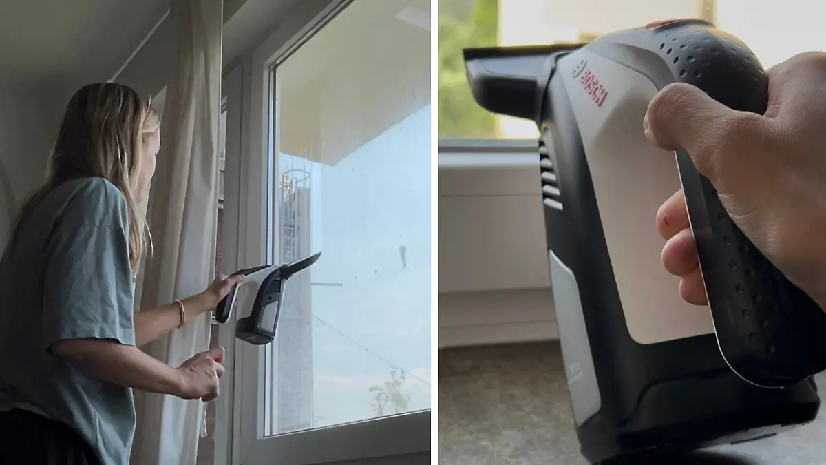 Praktisch: Der Bosch Fenstersauger hat zwei unterschiedlich große Absaug-Aufsätze und ist ziemlich kurz.